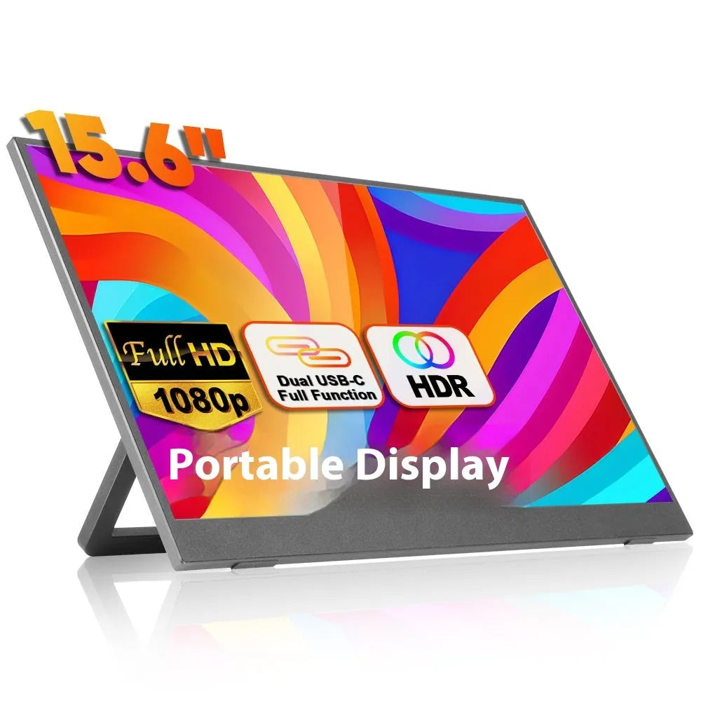 Black 15.6-inch portable monitor on an adjustable stand showing a desktop display.