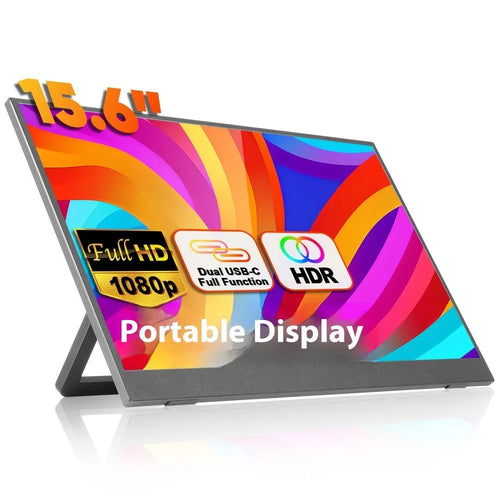 Black 15.6-inch portable monitor on an adjustable stand showing a desktop display.