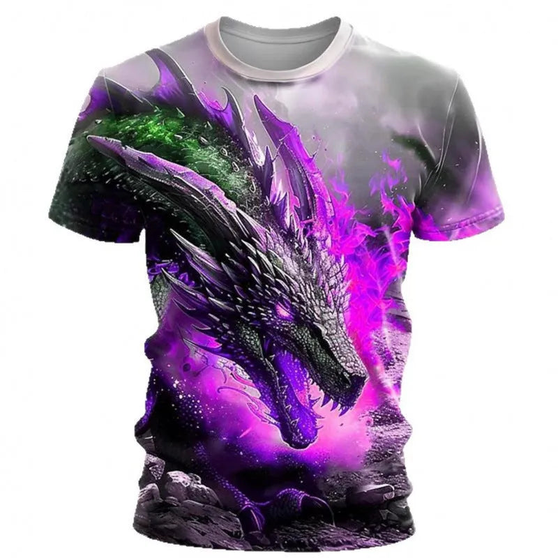Men's grey T-shirt with a large blue 3D wind dragon print across the chest, short sleeves.
