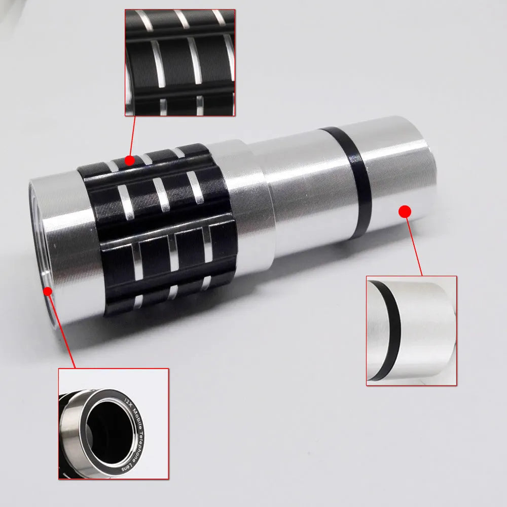 12x telescopic universal smartphone lens with metal collar clip for attachment