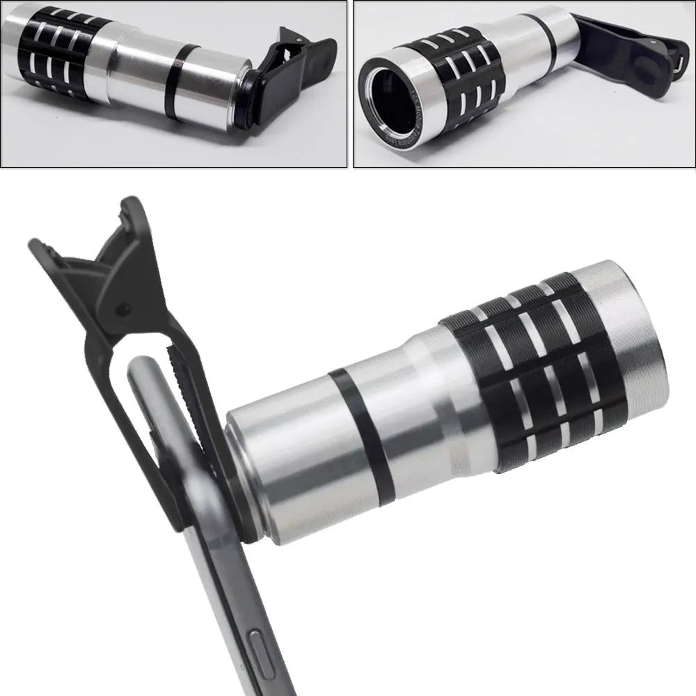 12x telescopic universal smartphone lens with metal collar clip for attachment