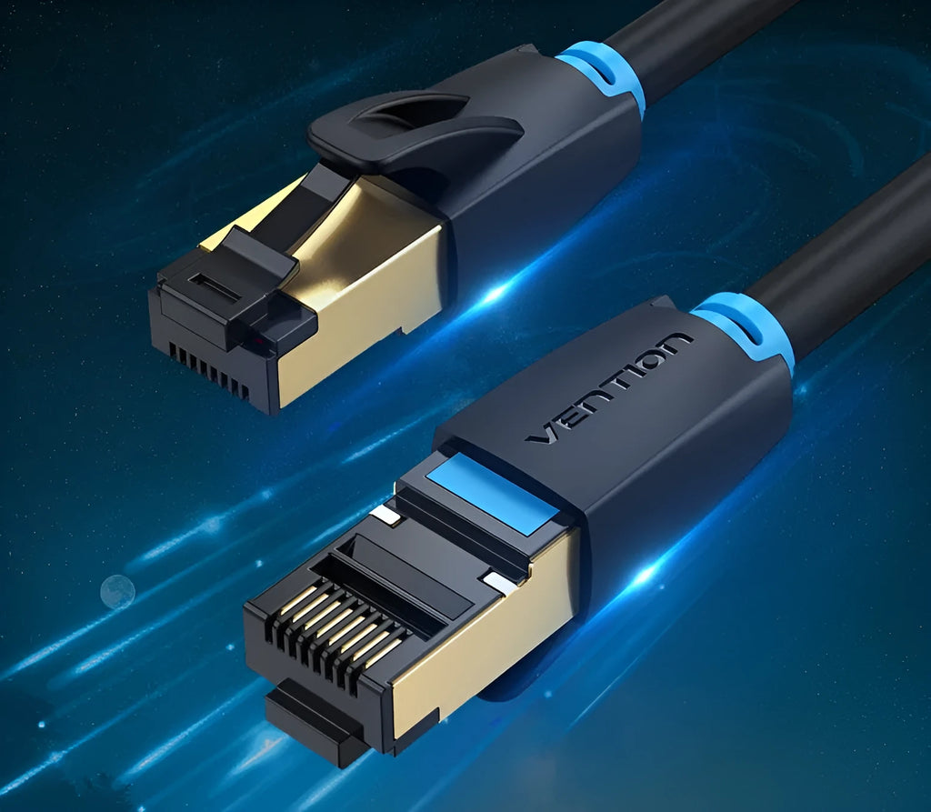 Cat8 shielded Ethernet network cable with RJ45 connector, available in flat and round styles.