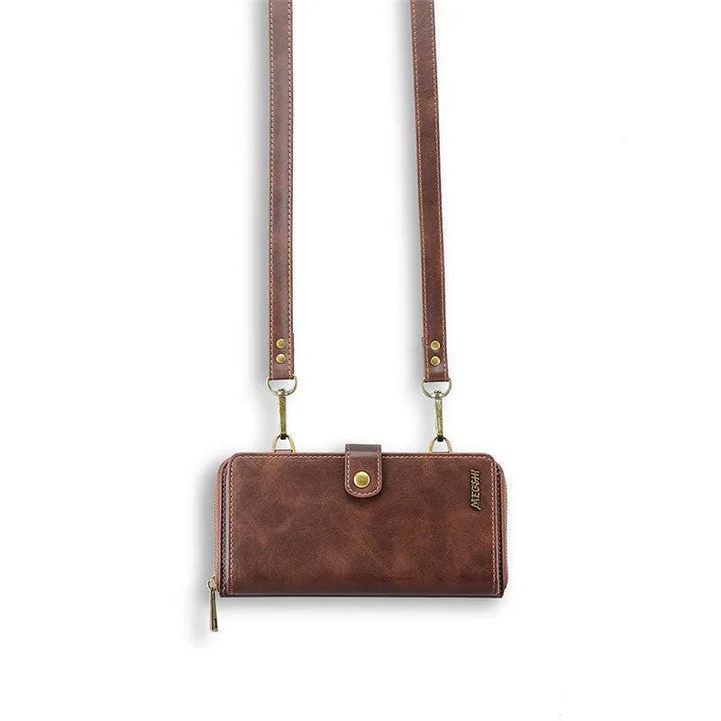 Detachable magnetic wallet phone case in black, blue, brown, or red colour options