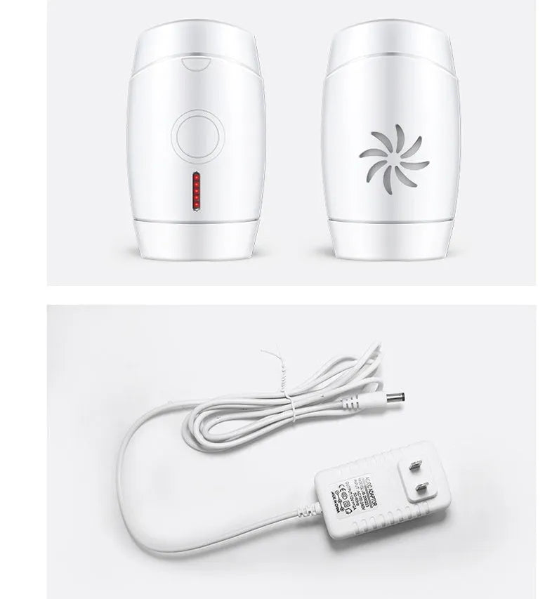 White home laser hair removal device with display screen and power adapter on a plain background.