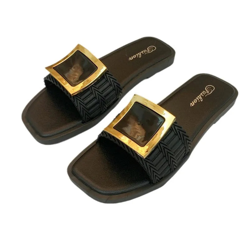 Women's casual summer flat slippers in apricot, black, or khaki with waterproof PVC soles