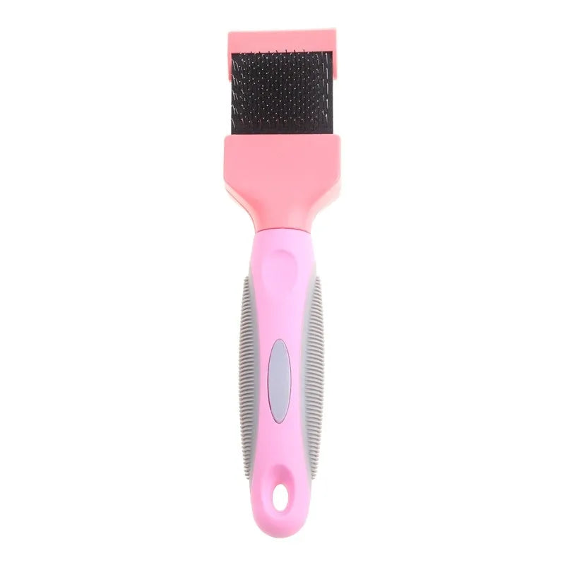 Double-sided stainless steel pet brush with blue handle showing both flexible and firm pin sides