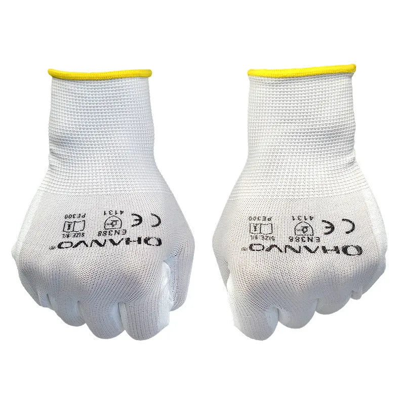 White PU coated cotton work gloves showing palm surface and wrist area
