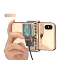 Black mobile phone cooling fan with clip attached to a smartphone, showing aluminium alloy heatsink fins.