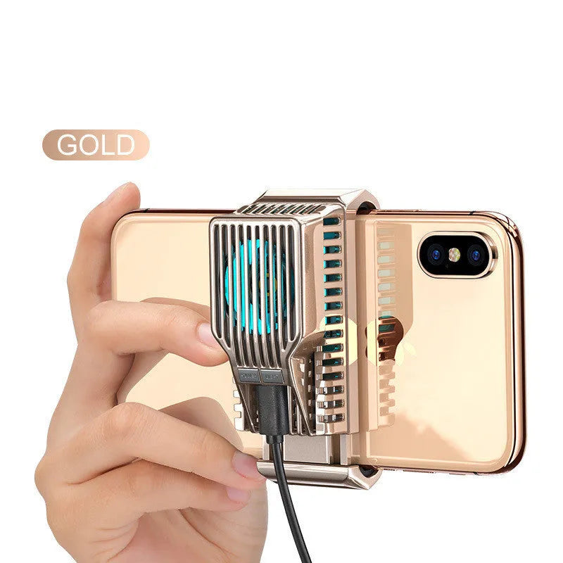 Black mobile phone cooling fan with clip attached to a smartphone, showing aluminium alloy heatsink fins.