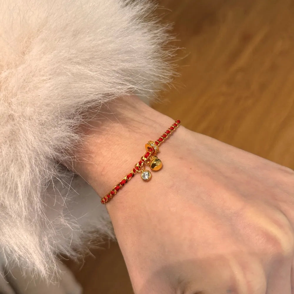 New Chinese style 925 sterling silver bracelet women woven red rope hexagon gold colour