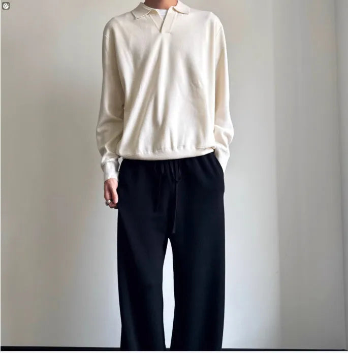 Pure wool POLO sweater with lapel collar and long sleeves in milky white colour