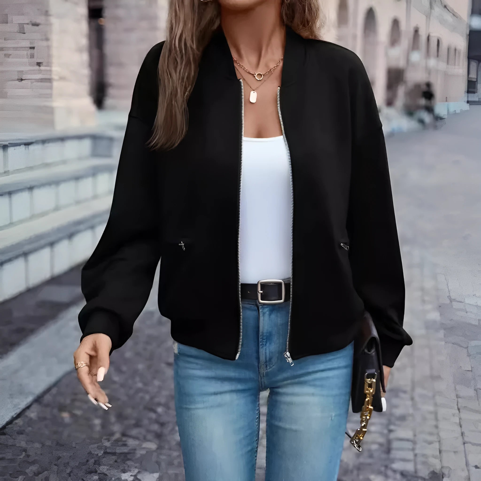Black women's long sleeve casual zip jacket with faux pockets