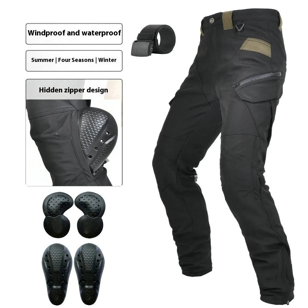 Motorcycle waterproof cycling trousers with belt and protective gear set in black or green colours