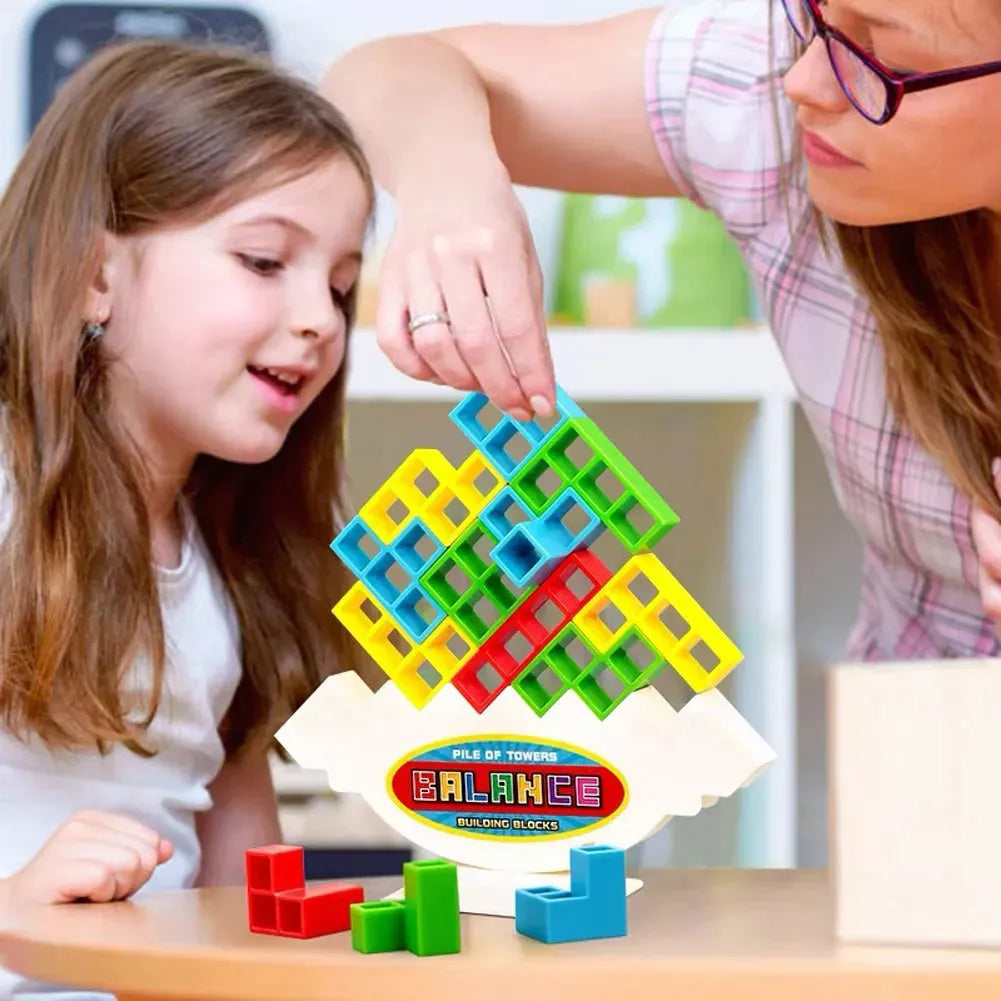 Plastic balance stacking board game with colourful blocks, chassis and base for kids and adults
