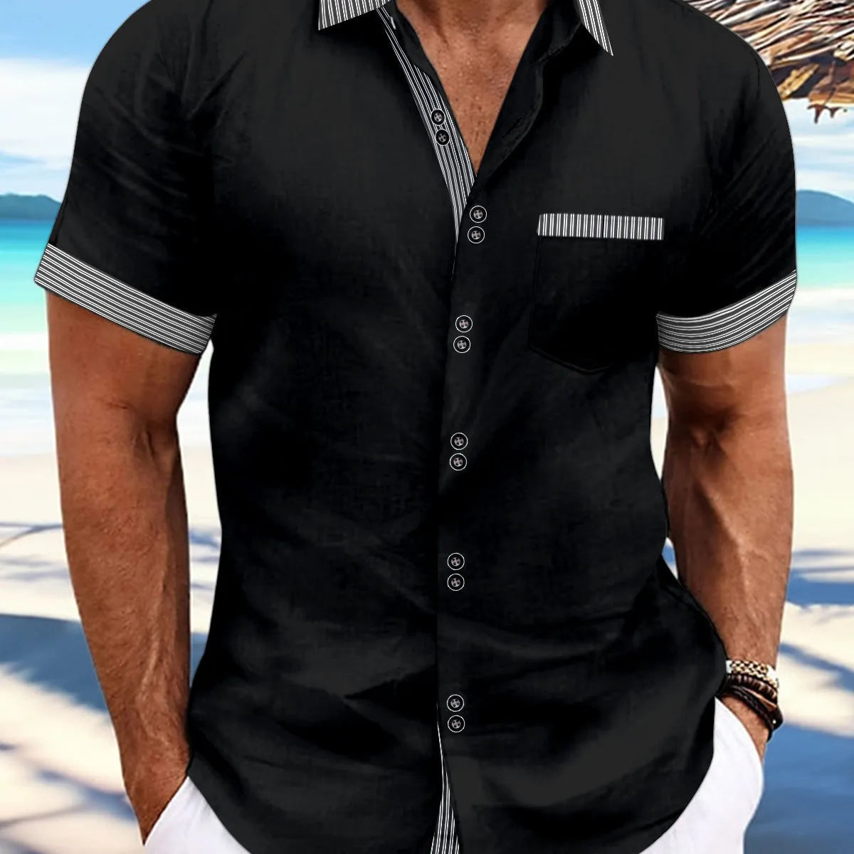 Man wearing a slim fit striped casual shirt with double button short sleeves in pure cotton.