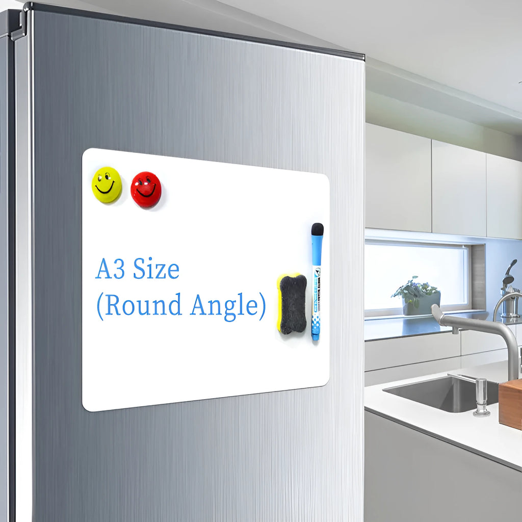 A3 rounded magnetic soft whiteboard with PET film surface on a fridge door showing handwritten notes