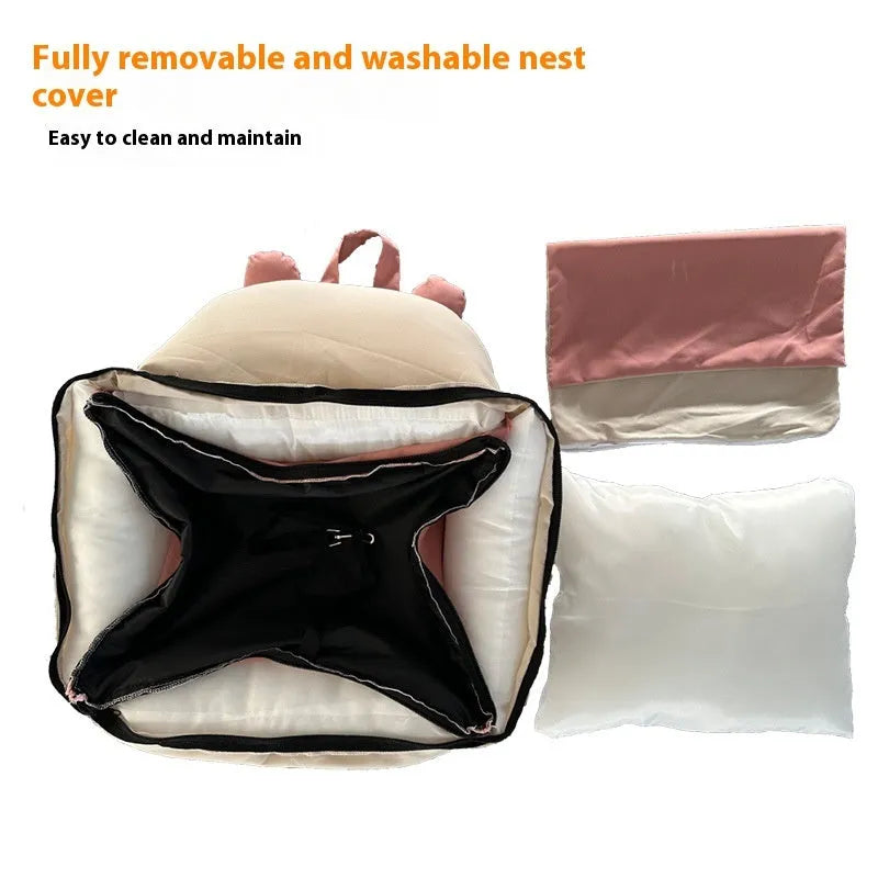 Removable washable dog car kennel in beige colour, shown in a vehicle boot with size dimensions labelled.
