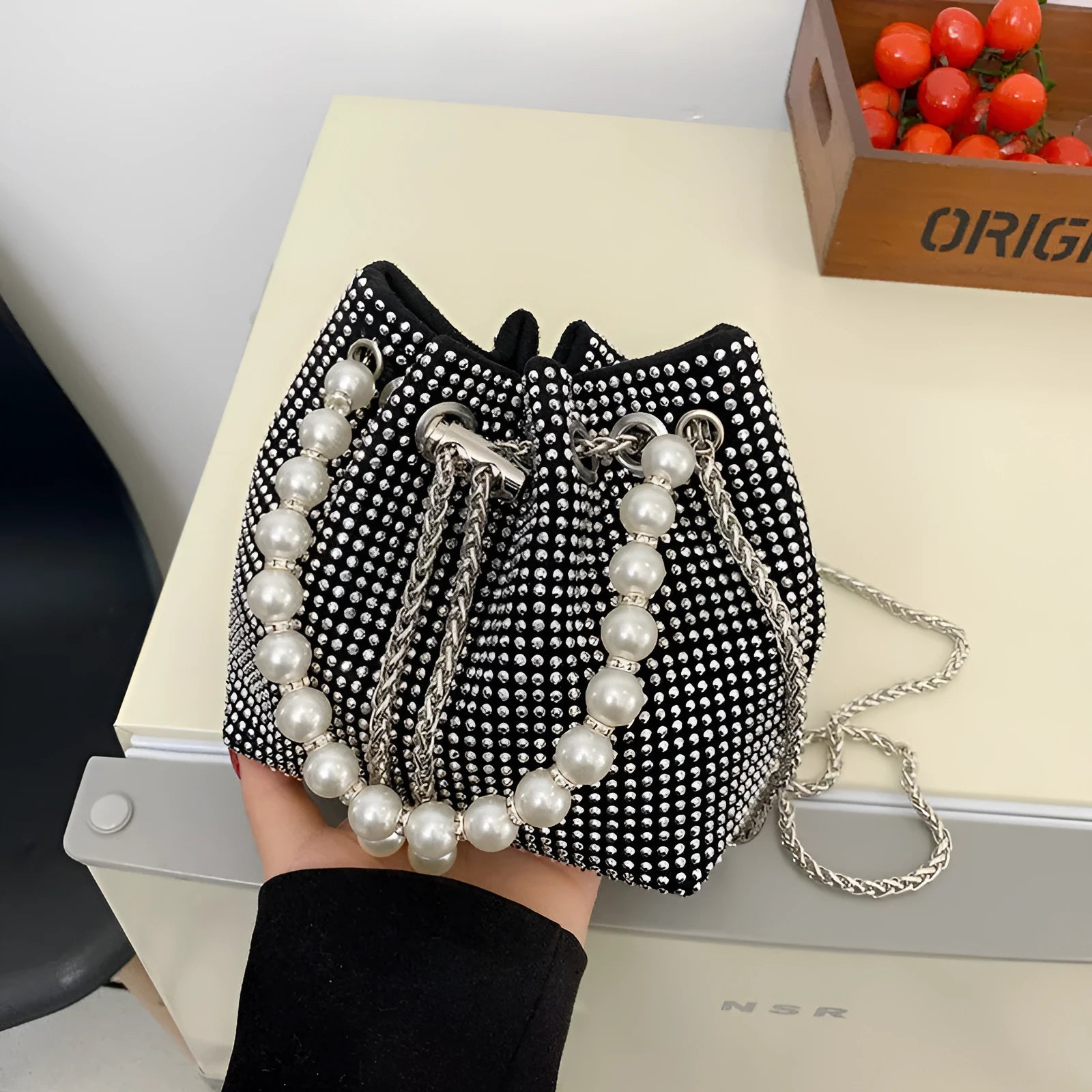 PU shoulder bag with diamond detailing and chain crossbody strap