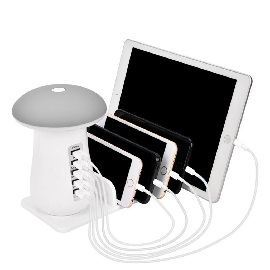 Besegad mushroom-shaped USB charging station with five ports and white LED light