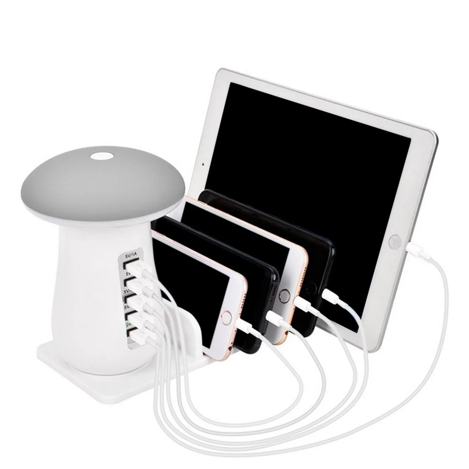 Besegad mushroom-shaped USB charging station with five ports and white LED light