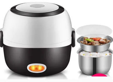 USB-powered portable electric lunch box showing three-layer 2L container with 190mm cubic dimensions