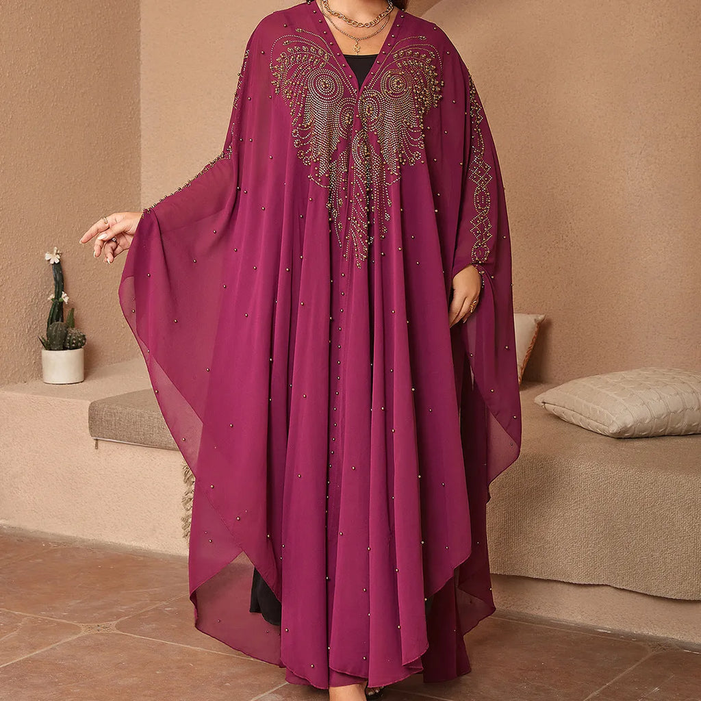 Purple chiffon cape shawl with rhinestone beading, shown draped, for women's modest wear