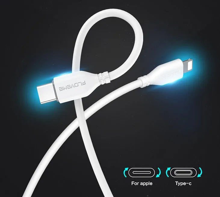 White braided USB-C to Lightning charging cable for Apple iPhone and iPad.