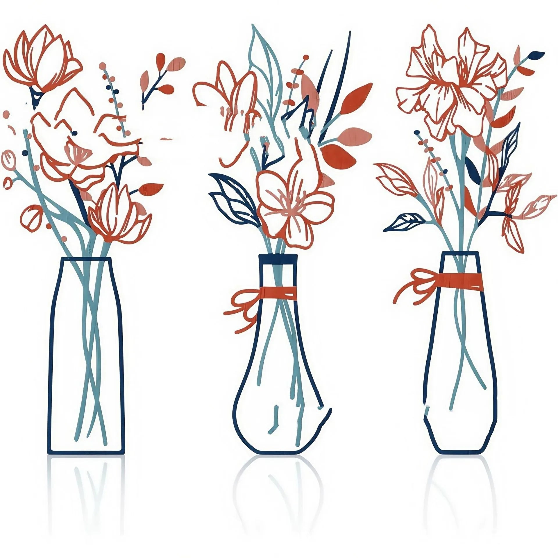 Three-piece metal flowers wall art set in country farmhouse style for bathroom or living room decoration