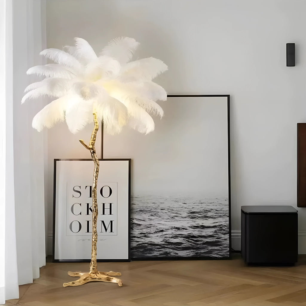 Decorative resin feather floor lamp with 32 feathers, 170cm tall for living room