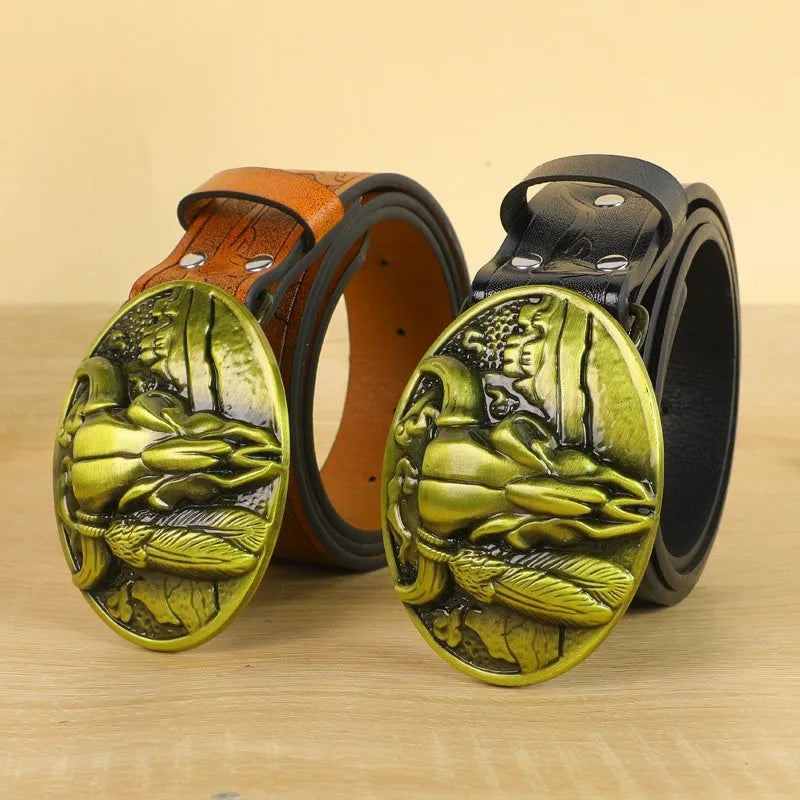 Men's brown leather-look belt with a detailed metal cow head buckle showing carved and embossed details.
