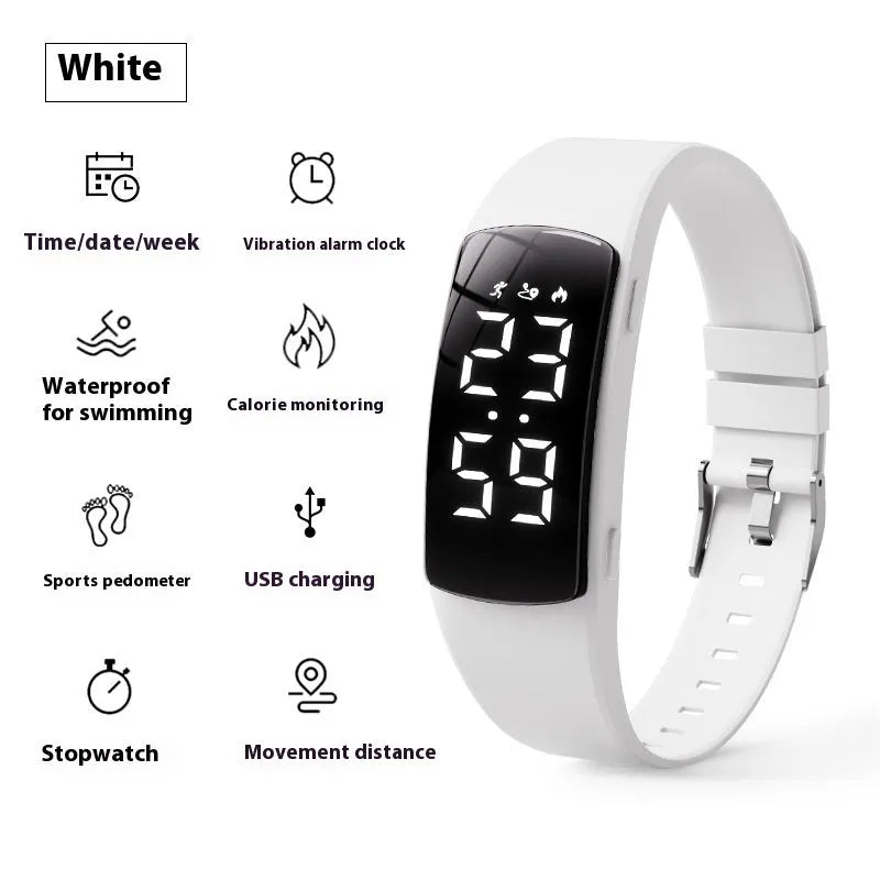 Vibration alarm clock watch with LED display on silicone strap showing multiple colour options