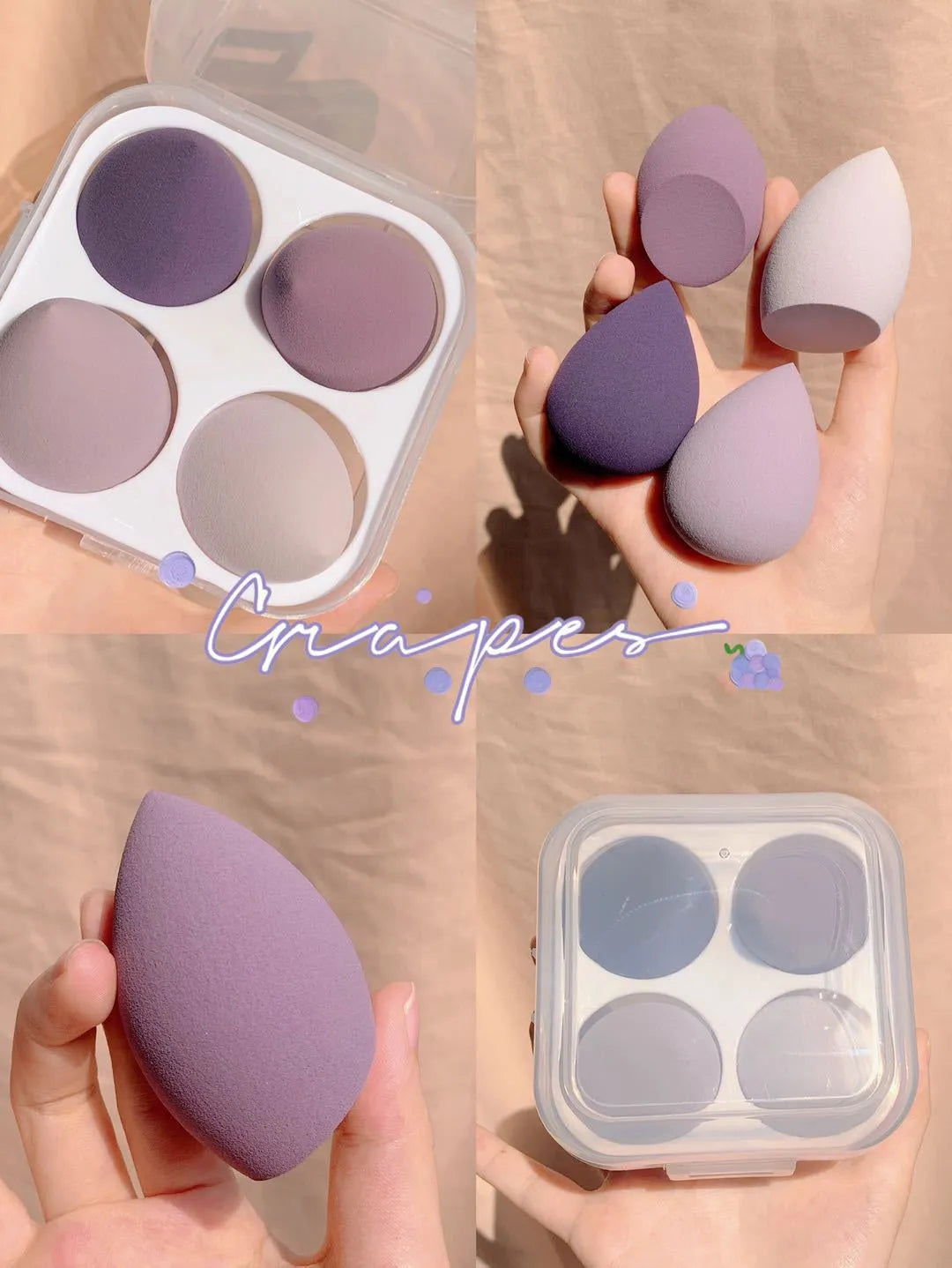 Four cosmetic sponge eggs in grape, mango, mint, and peach colours, each 6cm in size