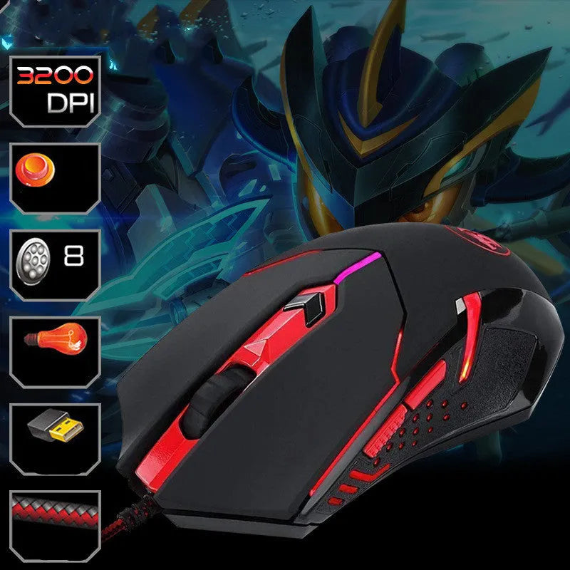 Black and red ergonomic USB wired gaming mouse with six buttons on a 1.8 metre cable