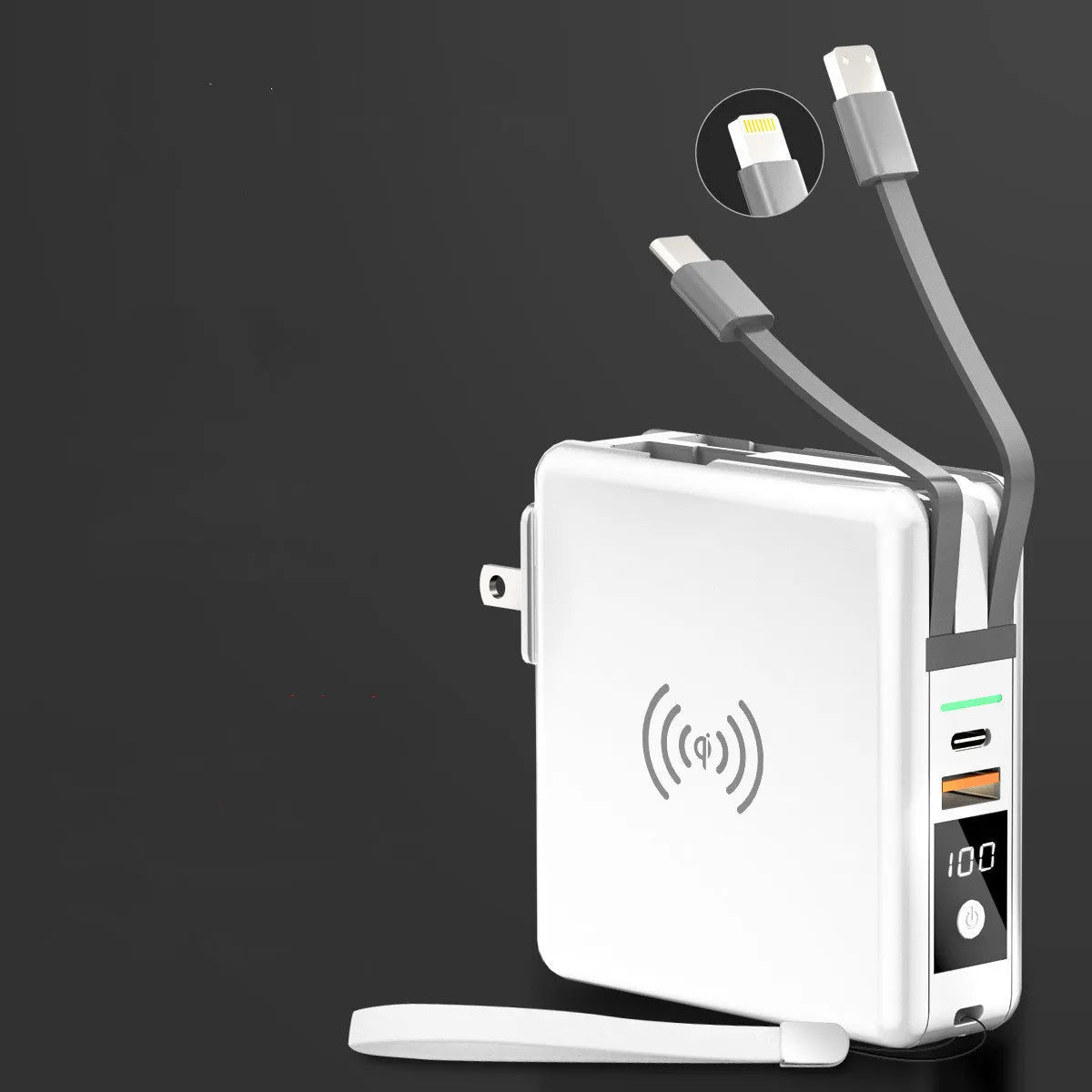 Black or white 10000mAh power bank with wireless charging and four international plug adapters