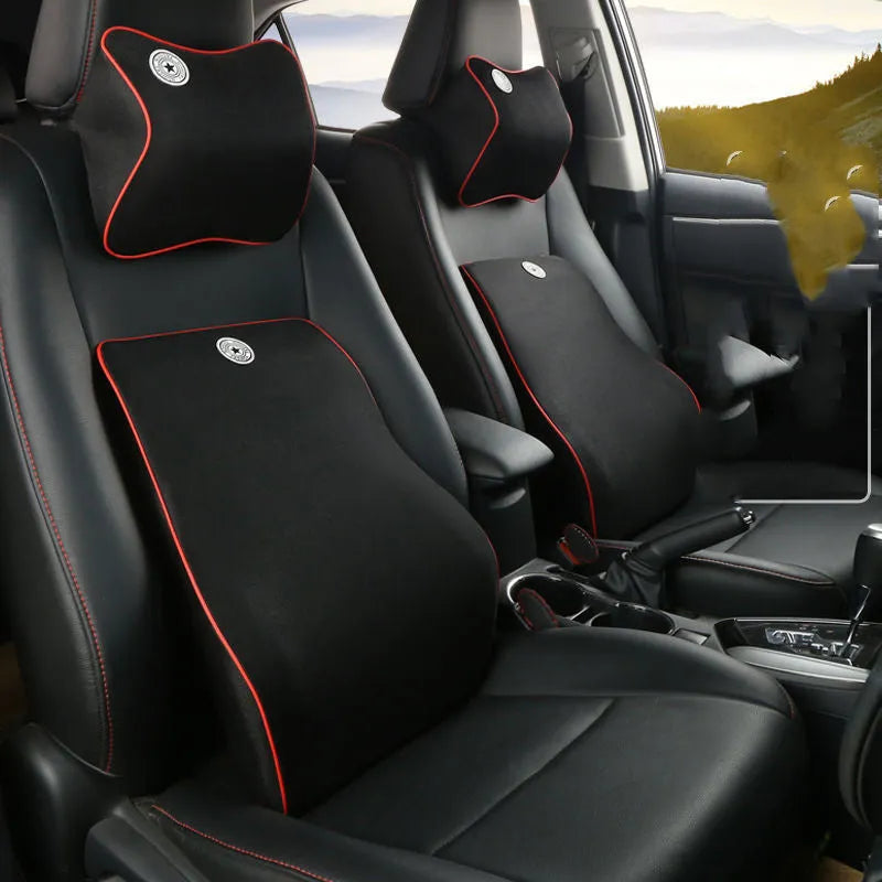 Memory foam car headrest and lumbar support set in beige, black, grey, and red colour options