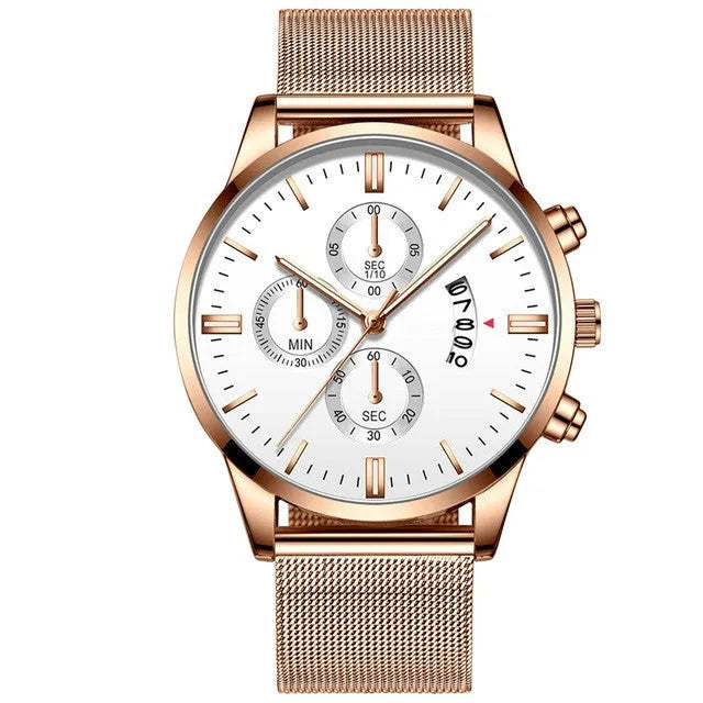 Men's stainless steel quartz watch with mesh band in a two-tone colour option.