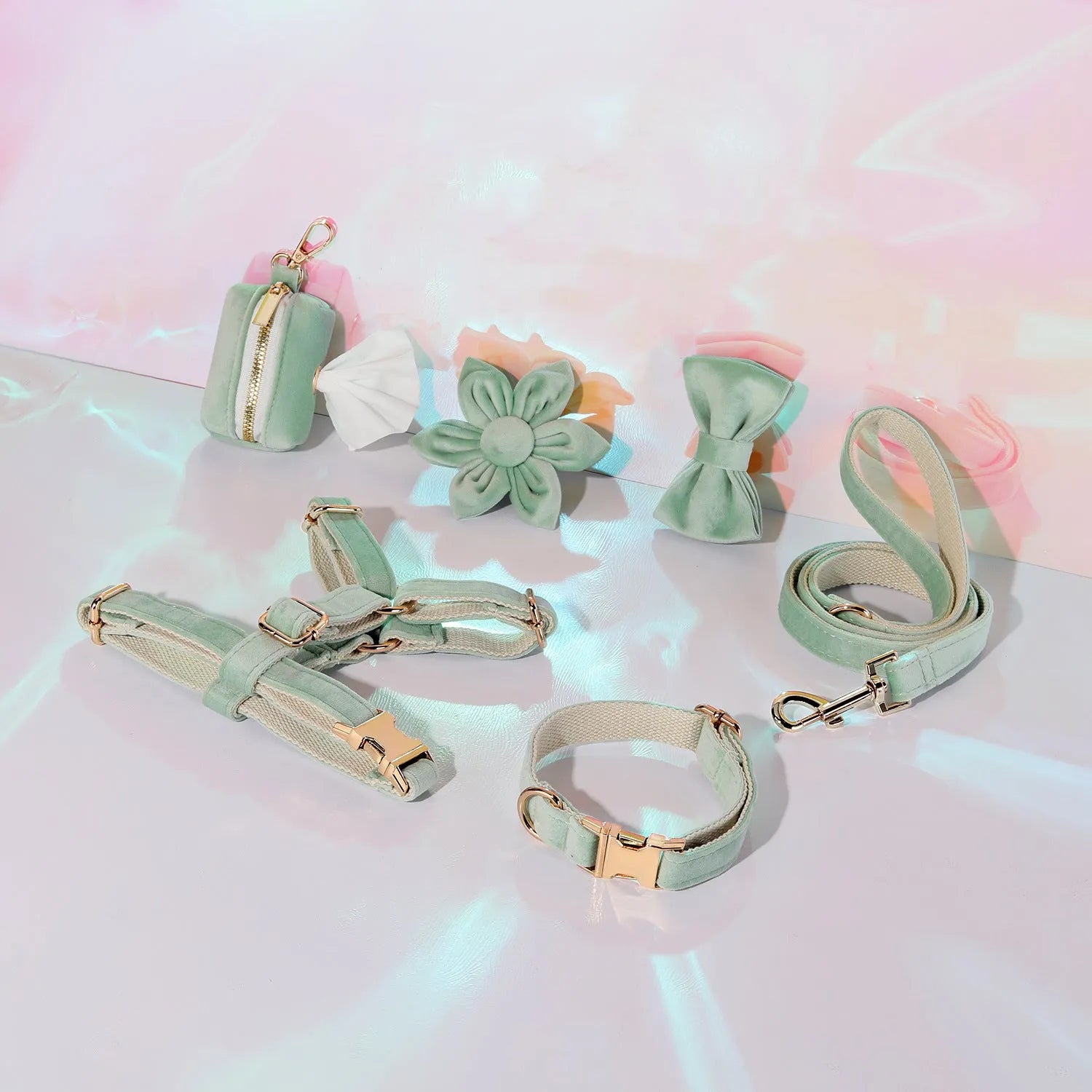 Classic velvet soft pet collar traction rope set with matching harness and accessories in multiple colour options