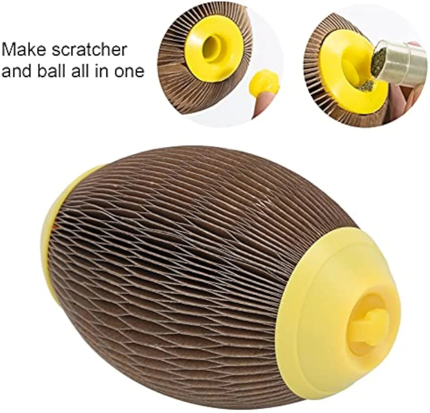 Elliptical corrugated paper cat toy ball with scratch surface for catnip insertion.