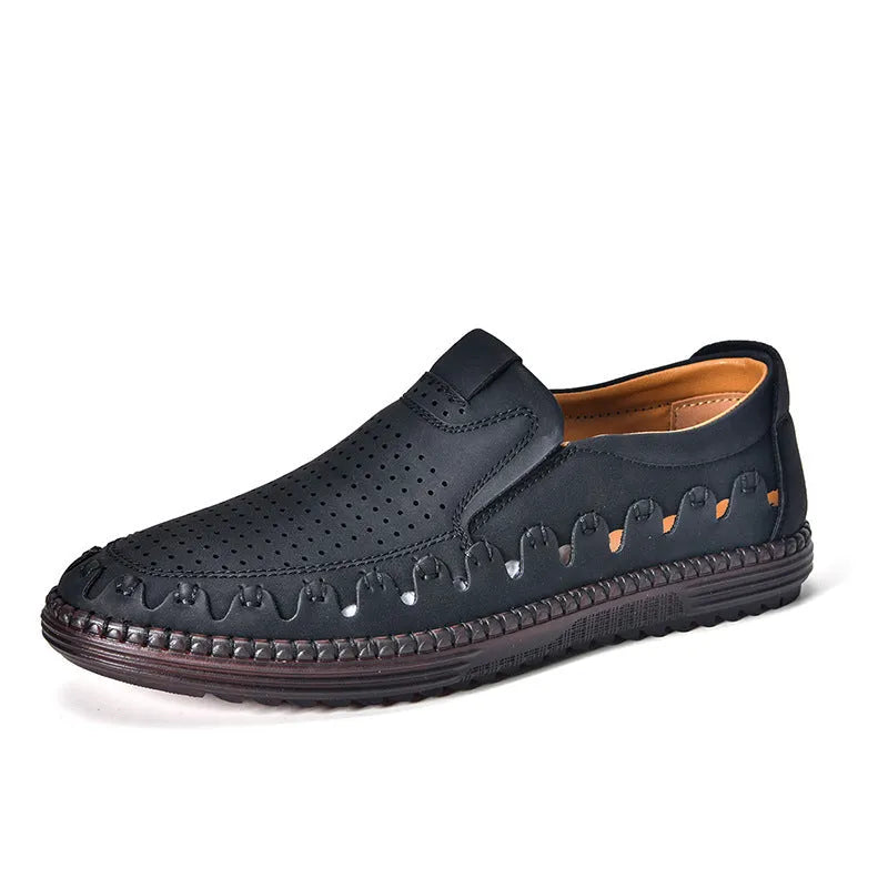 Men's brown leather slip-on casual shoes with round toe and flat PVC sole
