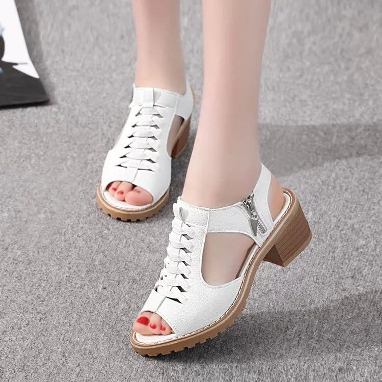 Retro style women's sandals with a side zip, mid heel, and beef tendon sole.