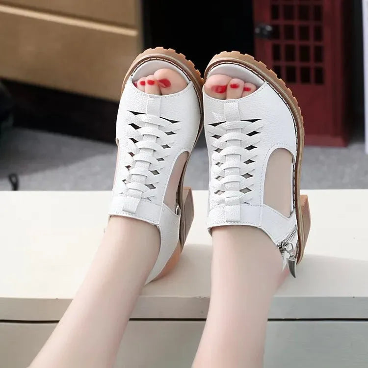 Retro style women's sandals with a side zip, mid heel, and beef tendon sole.