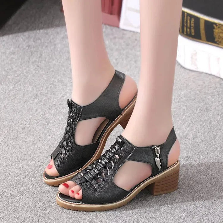 Retro style women's sandals with a side zip, mid heel, and beef tendon sole.