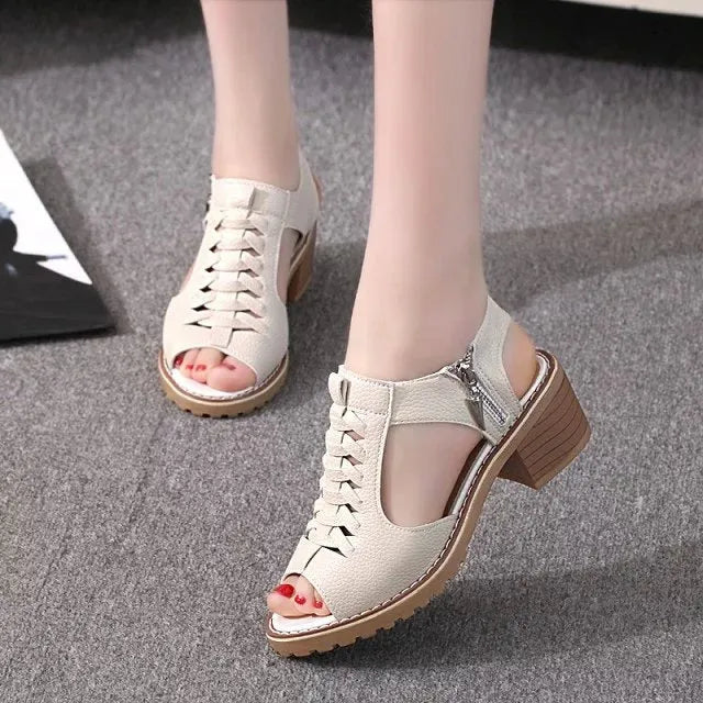 Retro style women's sandals with a side zip, mid heel, and beef tendon sole.