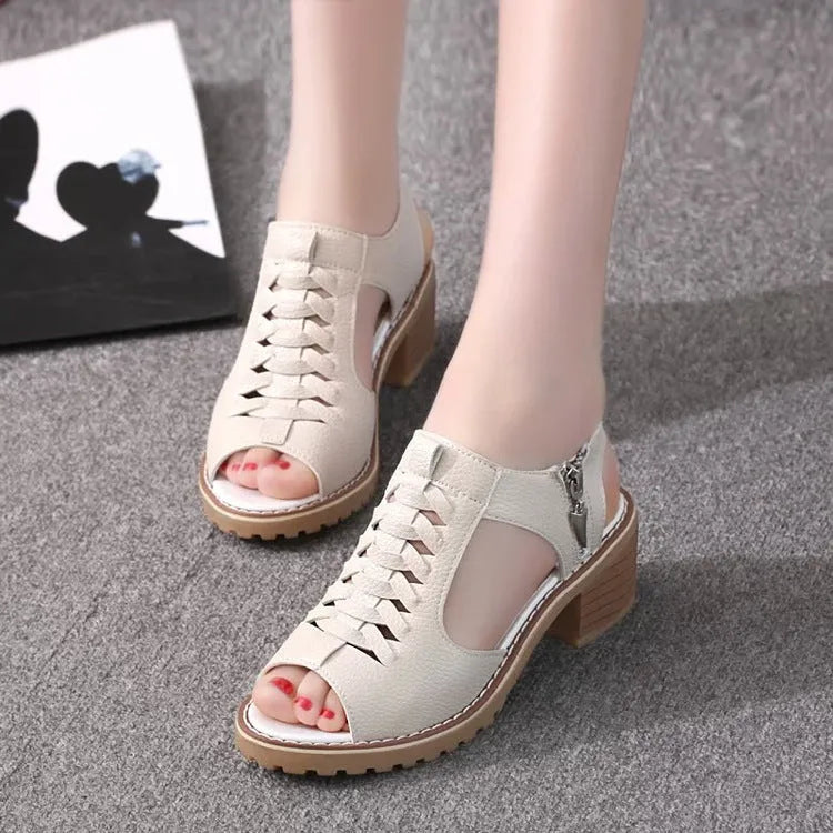 Retro style women's sandals with a side zip, mid heel, and beef tendon sole.