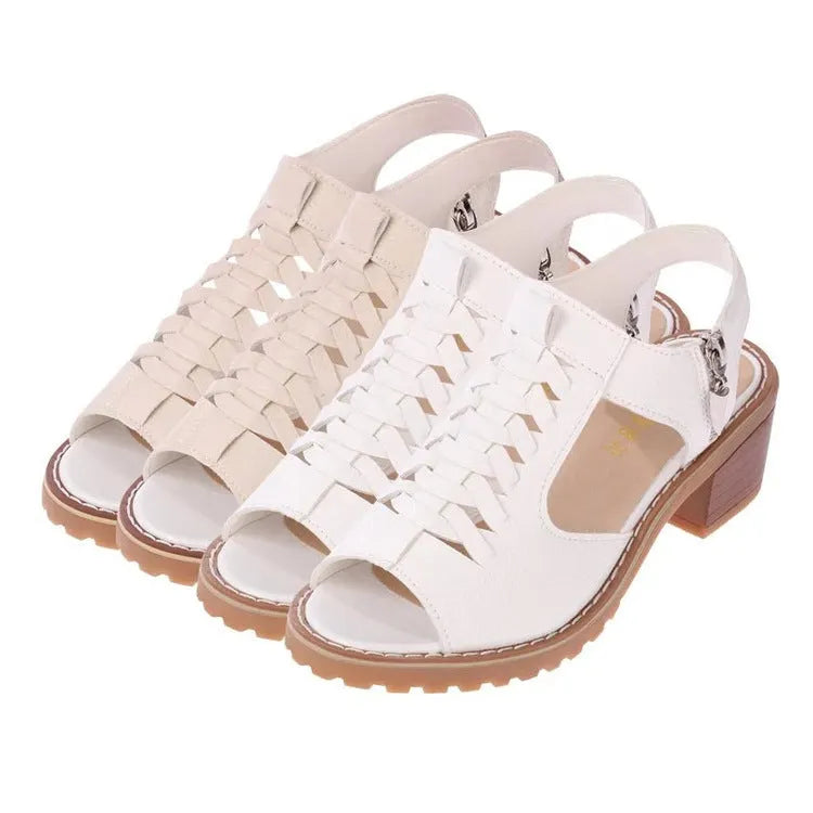 Retro style women's sandals with a side zip, mid heel, and beef tendon sole.