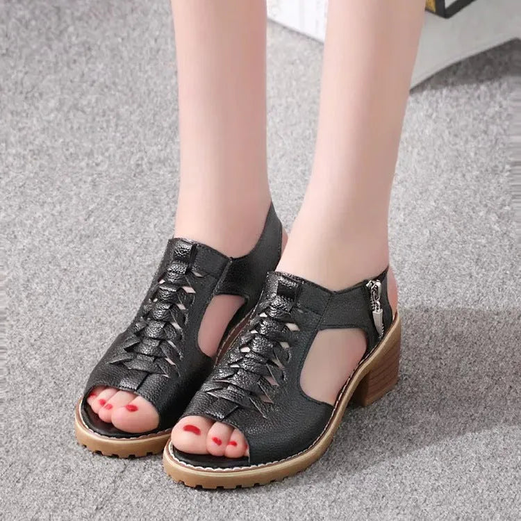 Retro style women's sandals with a side zip, mid heel, and beef tendon sole.
