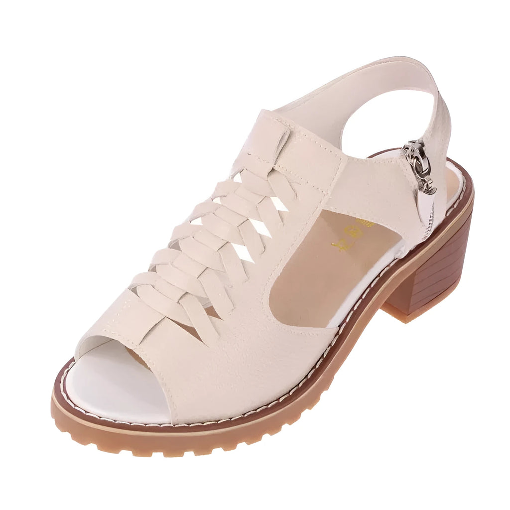 Retro style women's sandals with a side zip, mid heel, and beef tendon sole.