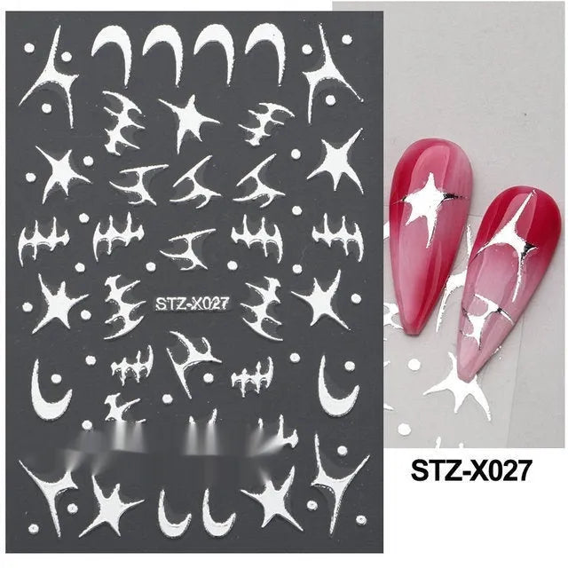 Sheet of black and silver stripe nail art stickers from a cartoon series for DIY manicures.