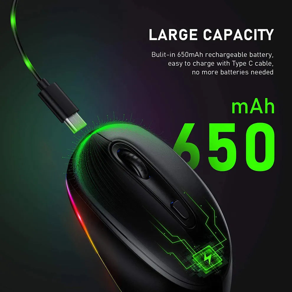 24g wireless rechargeable mouse in black with USB cable on a desk