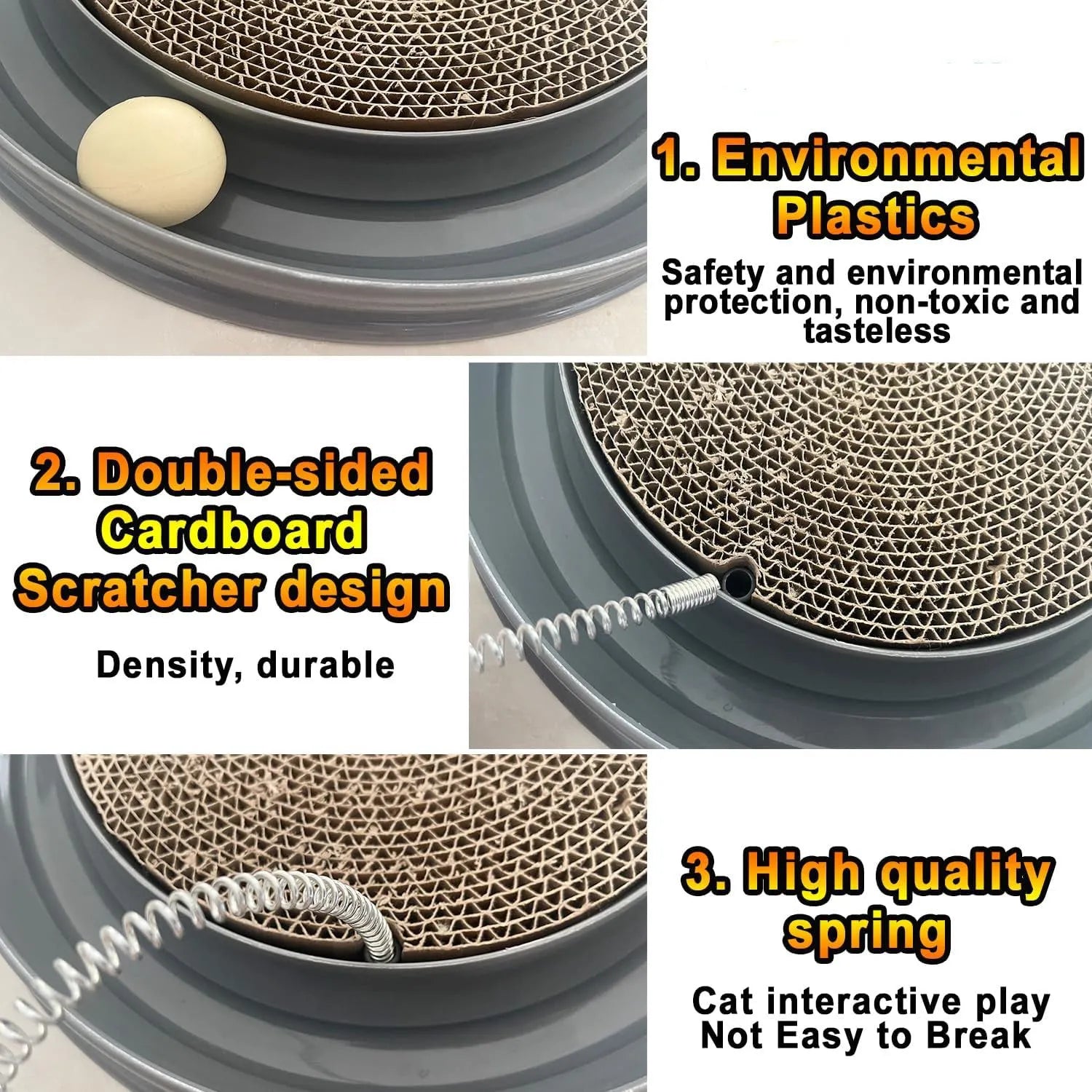 Blue cat scratcher toy with ball track, replaceable scratch pad, and mouse swatter accessory on white background